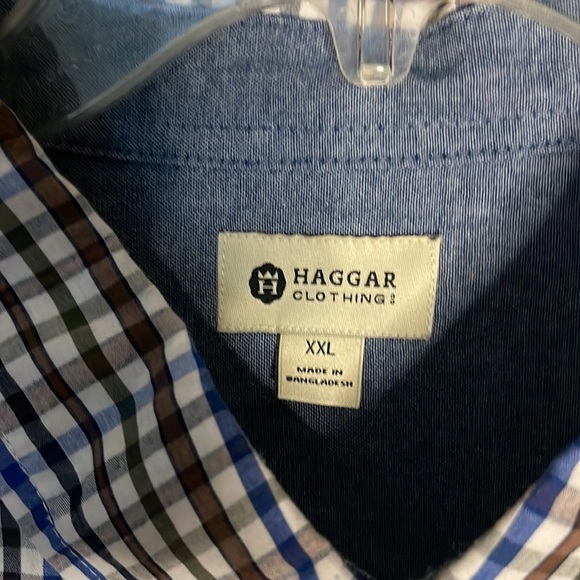 Men's Haggar Plaid Blue Brown Button Down Shirt XXL - Picture 3 of 5